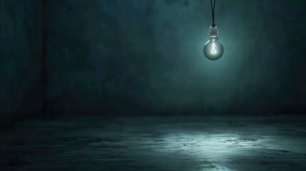 Dark empty room with single flickering light bulb casting long shadows, emphasizing absence of power and eerie atmosphere, minimalist setting with focus on light bulb's glow.