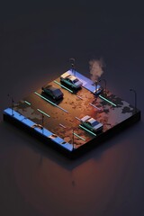 Obraz premium 3D rendering old wet asphalt neon lights street with smoke on black background