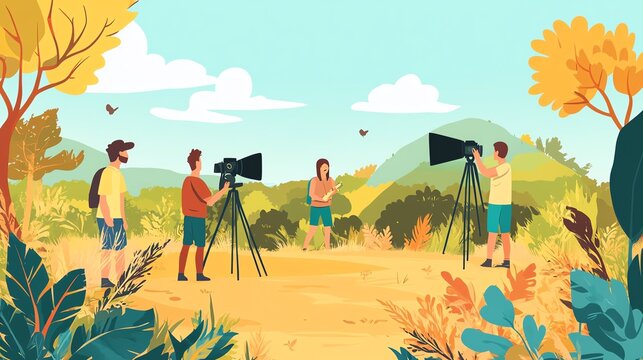 People filming a scene in a vibrant outdoor setting surrounded by nature.