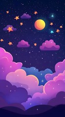 Dark purple background, cartoon-style illustration with simple clouds and stars, cute clouds, purple sky, pink sunset