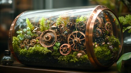 A steampunk-themed terrarium with intricate brass gears intertwined with vibrant green moss, vintage clock parts scattered among the plants, and soft light filtering through the glass,