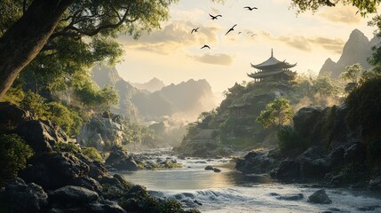 A peaceful scene of a pilgrimage site nestled in nature, with a river flowing nearby and birds flying overhead