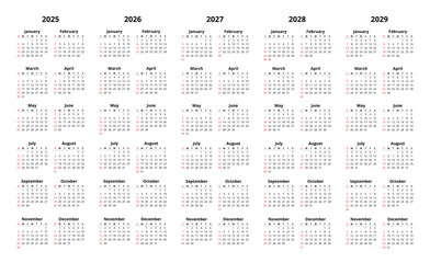 2025, 2026, 2027, 2028, 2029 years english calendars with 12 months. Simple vector illustration