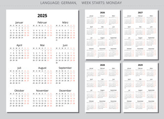 2025, 2026, 2027, 2028, 2029 year vertical german calendars with shadow. Printable vector illustration for Germany