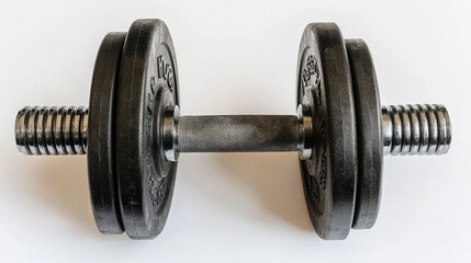 Fototapeta premium Black Cast Iron Dumbbell with Chrome Barbell Isolated on White Background