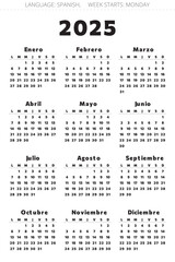 Spanish 2025 year calendar. Printable vector black color illustration for Spain. For large print