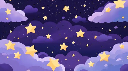 Dark purple background, cartoon-style illustration with simple clouds and stars, cute clouds, purple sky, pink sunset