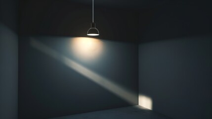 Dark empty room with single flickering light bulb casting long shadows, emphasizing absence of power and eerie atmosphere, minimalist setting with focus on light bulb's glow.