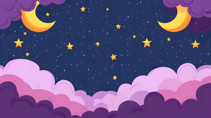 Dark purple background, cartoon-style illustration with simple clouds and stars, cute clouds, purple sky, pink sunset