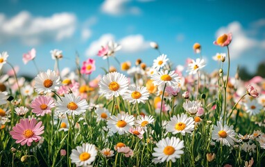 Colorful spring meadow filled with wildflowers, particularly daisies, under a bright blue sky, captured in a softfocus frame to inspire tranquility and joy