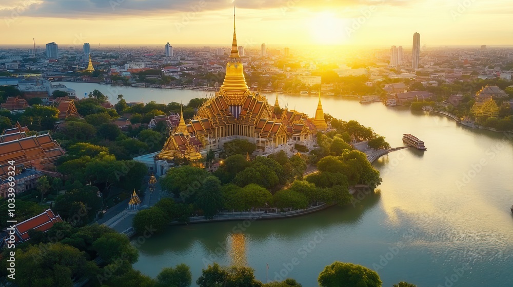 Wall mural aerial view of wat phra kaew at sunset