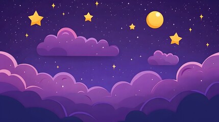 Dark purple background, cartoon-style illustration with simple clouds and stars, cute clouds, purple sky, pink sunset