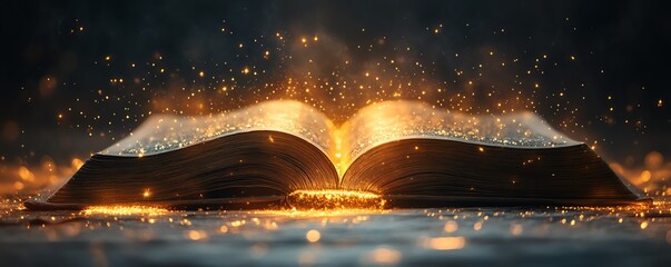 Enchanting open book resting on a table, glowing with a soft magical light, surrounded by sparkling stars and shimmering dust, creating a fairytale ambiance