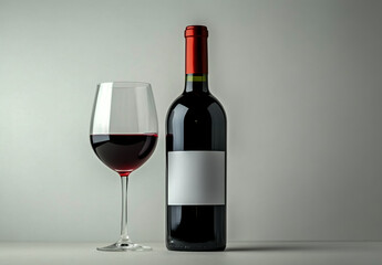 A bottle of red wine and a glass with a white label on the table, against a white background.