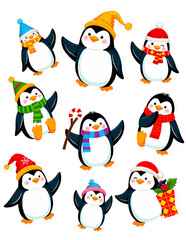 Fototapeta premium Festive Penguins in Hats and Scarves with Christmas Gifts in a 3x3 Grid – Vector Illustration