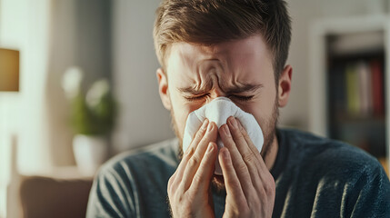 Portrait of a sick man sneeze and snort his nose out, man with infection or a alergic reaction blow his nose with a tissue out.