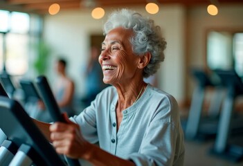 Happy elderly black woman exercising on treadmill at gym