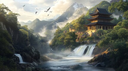 A peaceful scene of a pilgrimage site nestled in nature, with a river flowing nearby and birds flying overhead