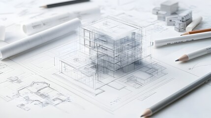 Detailed architectural wireframe blueprint or schematic diagram of a modern building or residential home design with geometric shapes grids and technical lines