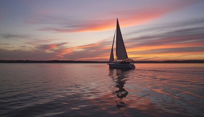 Fototapeta premium Sailboat silhouette, sunset reflection, tranquil nautical adventure, horizon over water