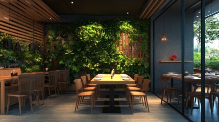 Fototapeta premium A serene restaurant interior featuring wooden tables and chairs with lush vertical gardens under warm lighting, exuding a modern and naturalistic atmosphere.