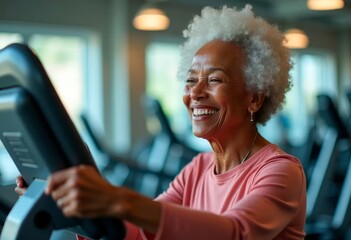 Happy elderly black woman with white hair exercising on treadmill at gym
