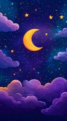 Dark purple background, cartoon-style illustration with simple clouds and stars, cute clouds, purple sky, pink sunset
