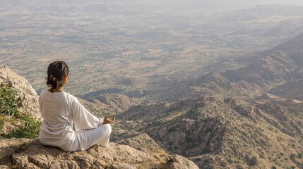 Meditation in Mountainous Landscape, Woman in Yoga Pose, Peaceful Natural Setting