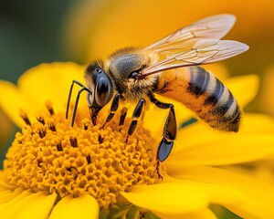 Fototapeta premium Large striped bee gathering nectar from a vibrant yellow flower on a sunny day, captured in stunning detail, highlighting the beauty of nature and pollination