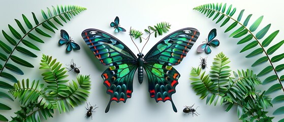 Naklejka premium Vibrant Butterflies Among Lush Ferns in a Forest Setting
