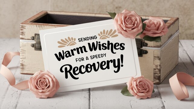 Elegant Greeting Card Design: A heartfelt message for speedy recovery adorned with soft pink roses and a vintage box.