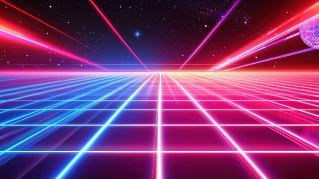 A vibrant 80s retro background featuring a neon grid, glowing laser beams, and a stunning outer space scene. This digital design captures the essence of the retro-futuristic era with bold colors, geom