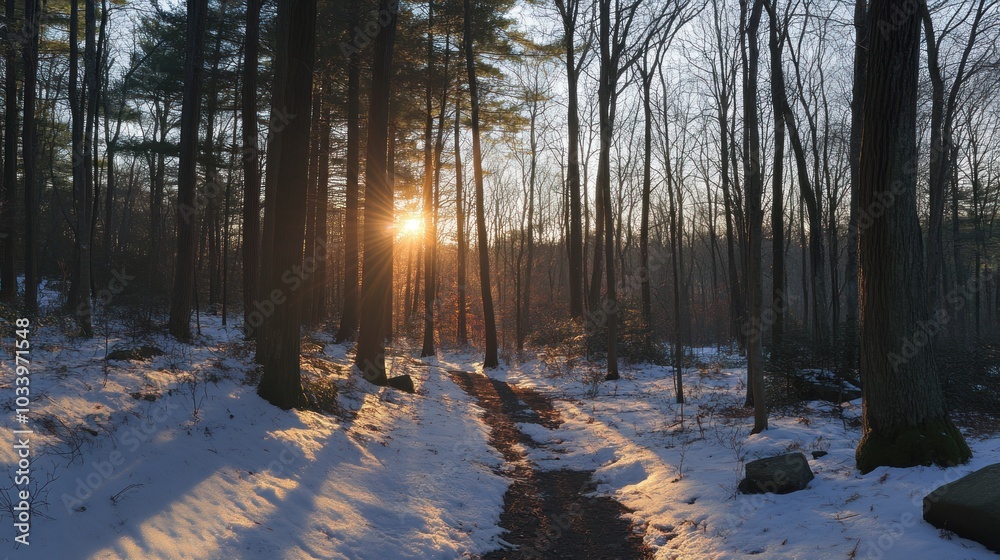 Poster sunbeams through trees in a snow-covered forest