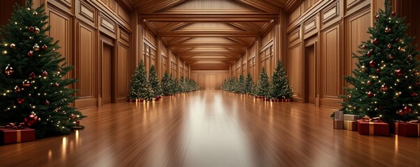 Festive Christmas Decorations Illuminate a Grand Hallway with Warm Holiday Cheer, Creating a Magical Atmosphere Filled with Tradition and Joy