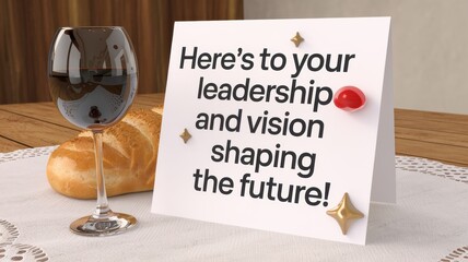 Elegant Table Setting: A greeting card beside a glass of wine and bread, ideal for celebration and recognition of leadership.