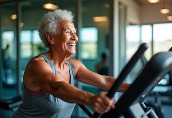 Happy elderly black woman exercising on treadmill at gym