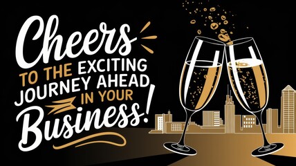 Celebratory Graphic: Cheers to Business Success with Champagne Glasses and City Skyline in Black and Gold Colors