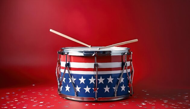 American Flag Themed Snare Drum on Bold Red Background. Perfect for 4th of July Celebrations, Patriotic Events, Military Marching Bands, or National Pride Concepts in Music and Cultural Festivities