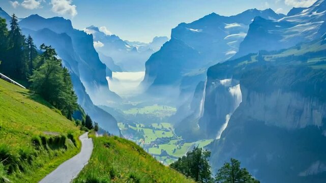 Spectacular view in Birg thrill walk. Canton Bern, Switzerland - 27 MAY 2024 : Spectacular view in thrill walk in Birg, famous tourist attraction above Lauterbrunnen valley, view during foggy summer m