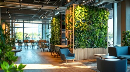 Naklejka premium Modern office space featuring a green living wall, comfortable seating, wooden tables, large windows, and a blend of natural elements with urban design.