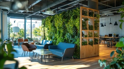 Fototapeta premium A modern office space featuring comfortable seating, a green living wall for biophilic design, natural lighting, and an open-concept work area in the background.