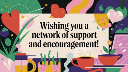 Colorful illustration with supportive message: a blend of vibrant shapes, plants, and cups, ideal for motivational content.
