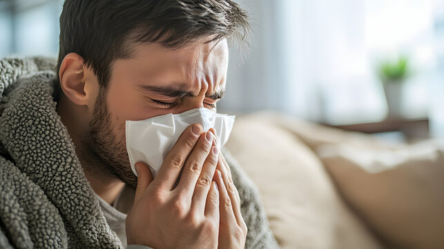 Portrait of a sick man sneeze and snort his nose out, man with infection or a alergic reaction blow his nose with a tissue out.