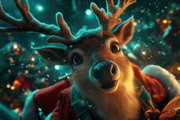Magical Christmas Reindeer with Snow-Covered Antlers Leading Santa's Sleigh Through a Snowy Enchanted Holiday Journey