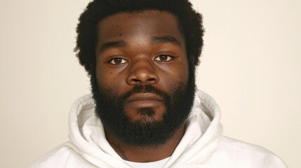 Fototapeta premium african american man, black hair and beard with some grey in it, wearing white hoodie, brown eyes, light skinned, medium build body type, background is plain white, headshot