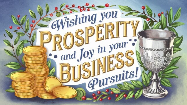 Colorful illustration of prosperity and joy in business with coins and a silver goblet, perfect for motivational use.
