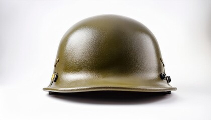 Fototapeta premium Close-Up of an Olive Green Military Helmet, Featuring Smooth Textured Surface and Sturdy Design, Symbolizing Protection, Combat Readiness, and Tactical Equipment for Soldiers in Active Duty or History