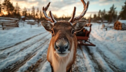 Fototapeta premium Reindeer with Snow-Covered Antlers Pulls Santa's Sleigh Through a Traditional Holiday Path, A Magical Christmas Scene