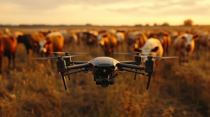 A drone hovers above a herd of cattle grazing in a large field as the sun sets, illustrating the use of technology in livestock management and farming.