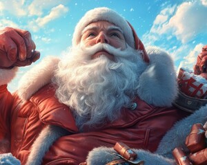 Obraz premium Santa Claus at the North Pole with Gifts A Festive Christmas Scene, The iconic image of Santa Claus, adorned in his traditional red suit and white beard, standing proudly at the North Pole